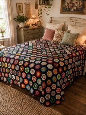 Hand crafted Crochet Hexagon Granny Squares scrappy (leftover yarn) bed spread